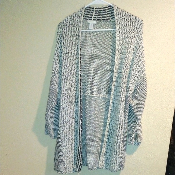 Black White Knit Chico's Long Line Cardigan Cotton Blend 3/4 Sleeve Swea… - Picture 1 of 6